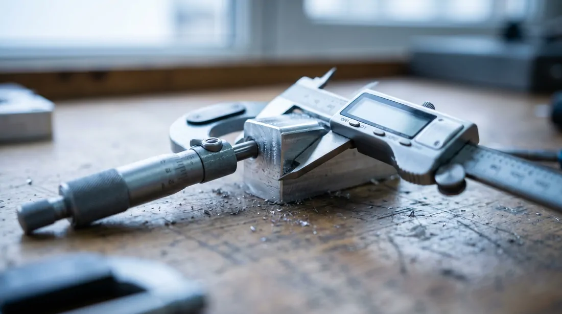 Caliper and micrometer measuring a machined part