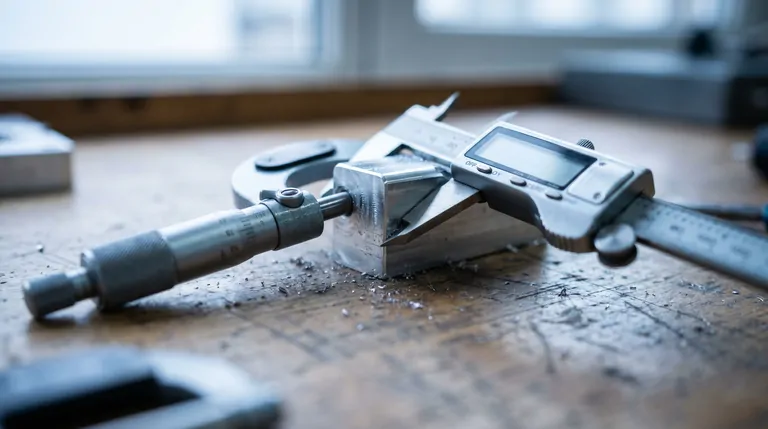 Digital caliper and micrometer measuring a machined aluminum part