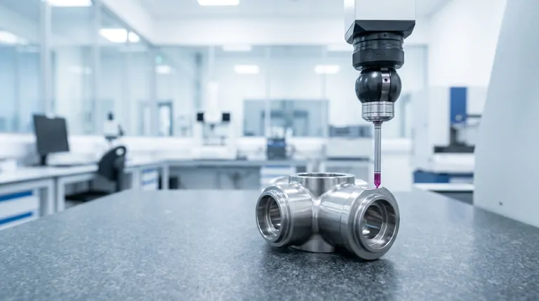 Coordinate measuring machine inspecting a precision metal part