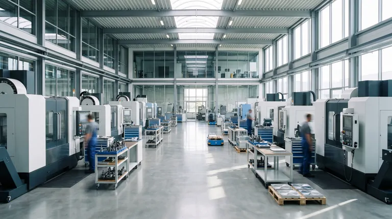 Clean modern manufacturing floor lined with CNC machines
