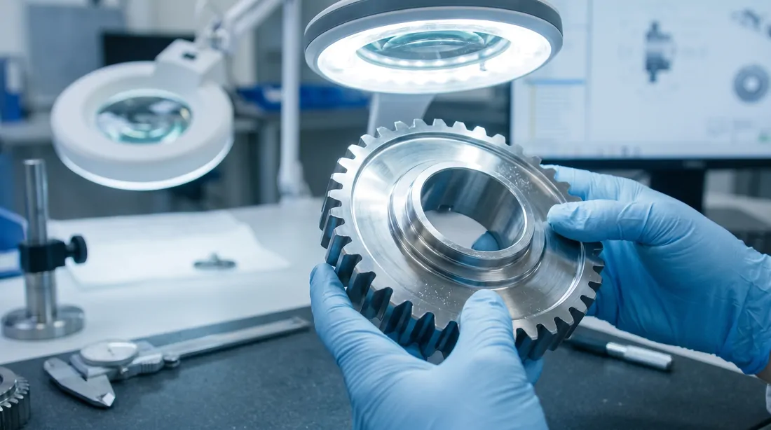 Machined component inspected under a magnifier lamp